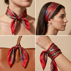 Roselys Paris foulard femme rouge doré paisley carré satiné 70x70 cm, en bandeau dans les cheveux