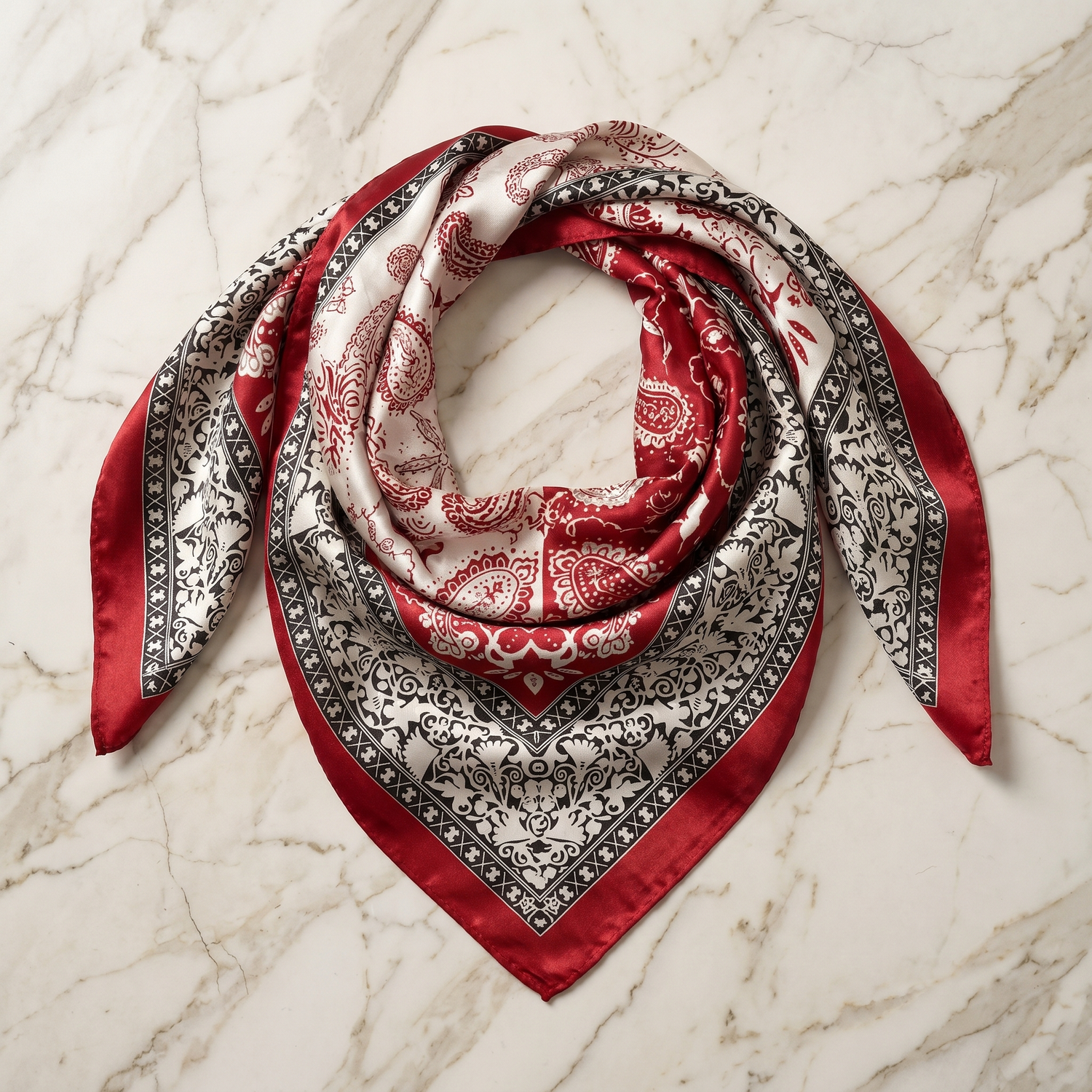 Roselys Paris foulard femme rouge noir paisley carré satiné 70x70 cm