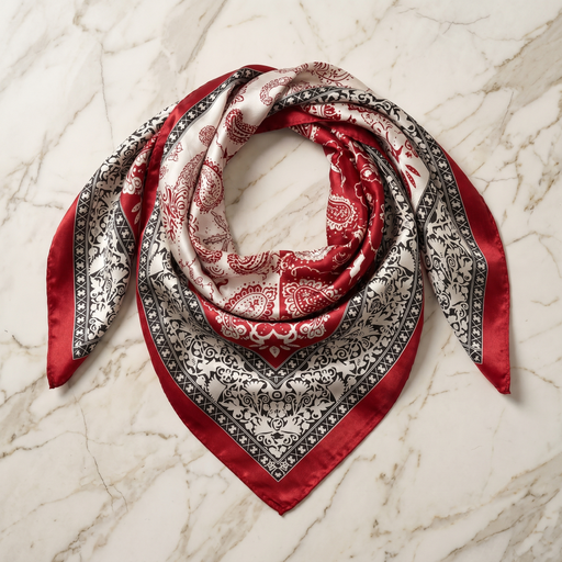 Roselys Paris foulard femme rouge noir paisley carré satiné 70x70 cm