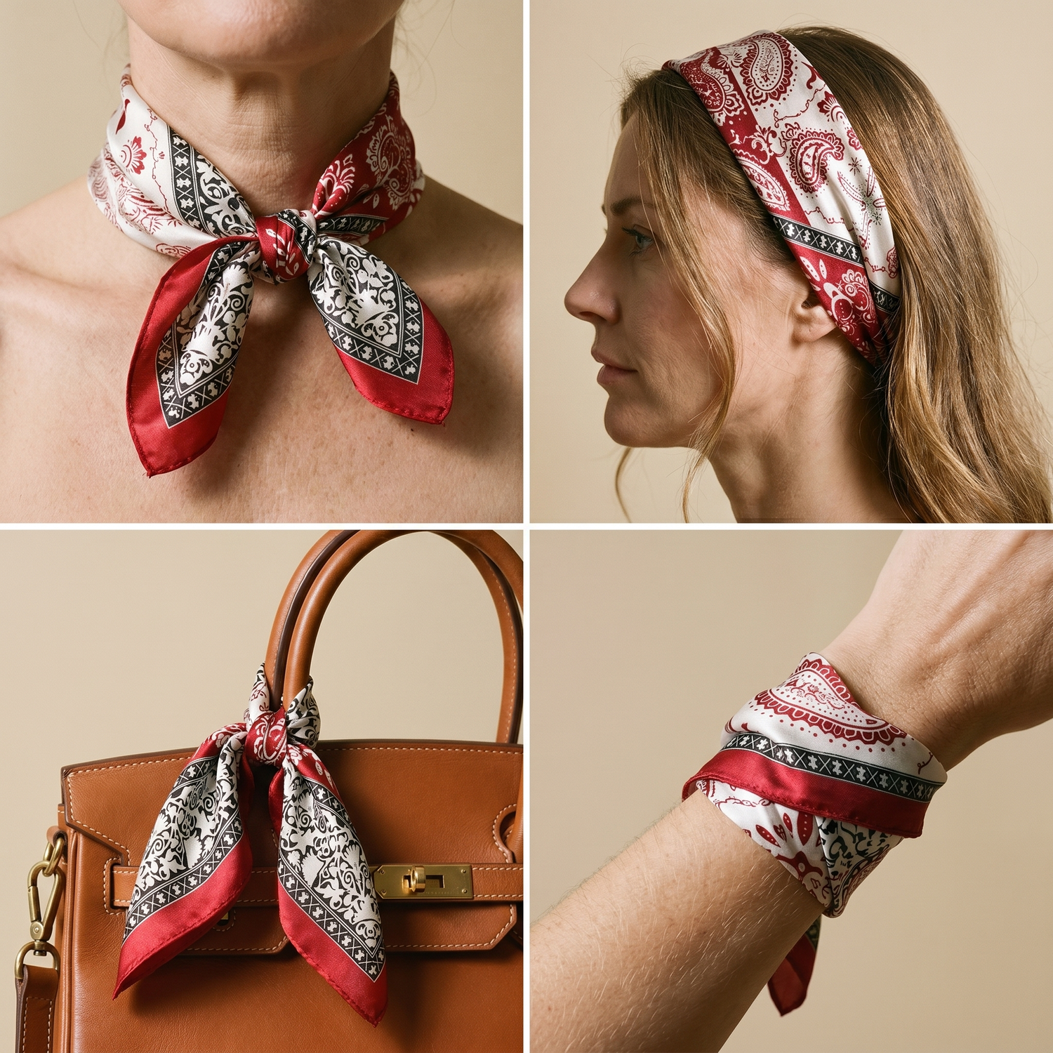 Roselys Paris foulard femme rouge noir paisley carré satiné 70x70 cm, en bandeau dans les cheveux