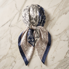 Roselys Paris foulard femme marine gris paisley carré satiné 70x70 cm