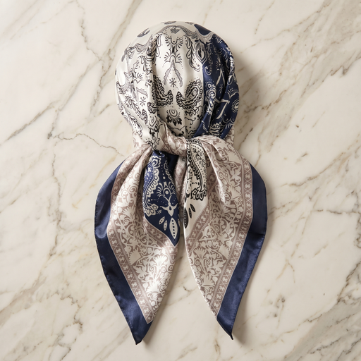 Roselys Paris foulard femme marine gris paisley carré satiné 70x70 cm