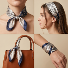 Roselys Paris foulard femme marine gris paisley carré satiné 70x70 cm, en bandeau dans les cheveux