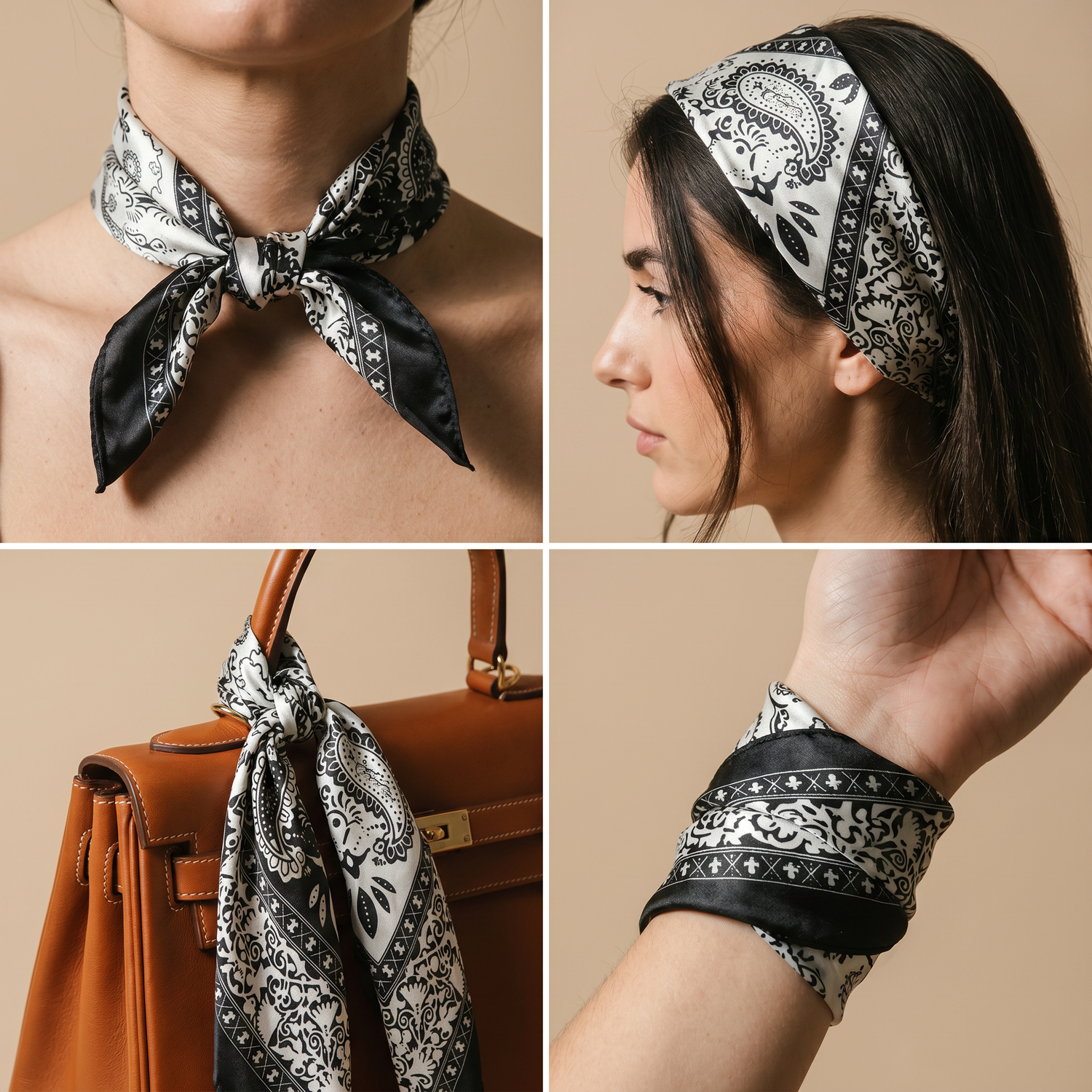 Roselys Paris foulard femme blanc noir baroque carré satiné 70x70 cm, en bandeau dans les cheveux
