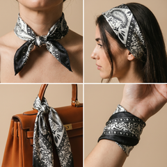 Roselys Paris foulard femme blanc noir baroque carré satiné 70x70 cm, en bandeau dans les cheveux