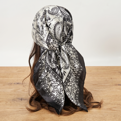 Roselys Paris foulard femme blanc noir baroque carré satiné 70x70 cm