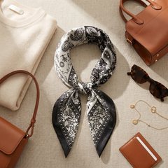 Roselys Paris foulard femme blanc noir baroque carré satiné 70x70 cm, porté au cou