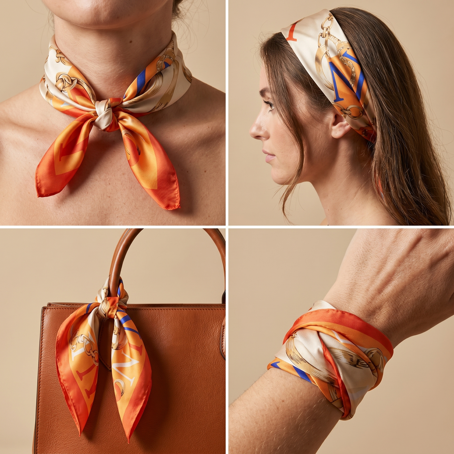 Roselys Paris foulard femme crème orange baroque carré satiné 70x70 cm, en bandeau dans les cheveux
