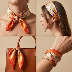 Roselys Paris foulard femme crème orange baroque carré satiné 70x70 cm, en bandeau dans les cheveux