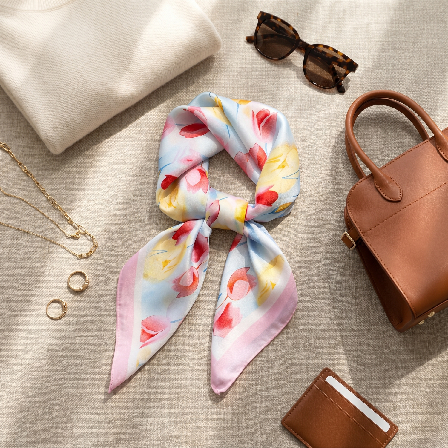 Roselys Paris foulard femme blanc rose fleuri carré satiné 70x70 cm, porté au cou