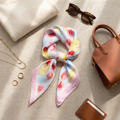 Roselys Paris foulard femme blanc rose fleuri carré satiné 70x70 cm, porté au cou