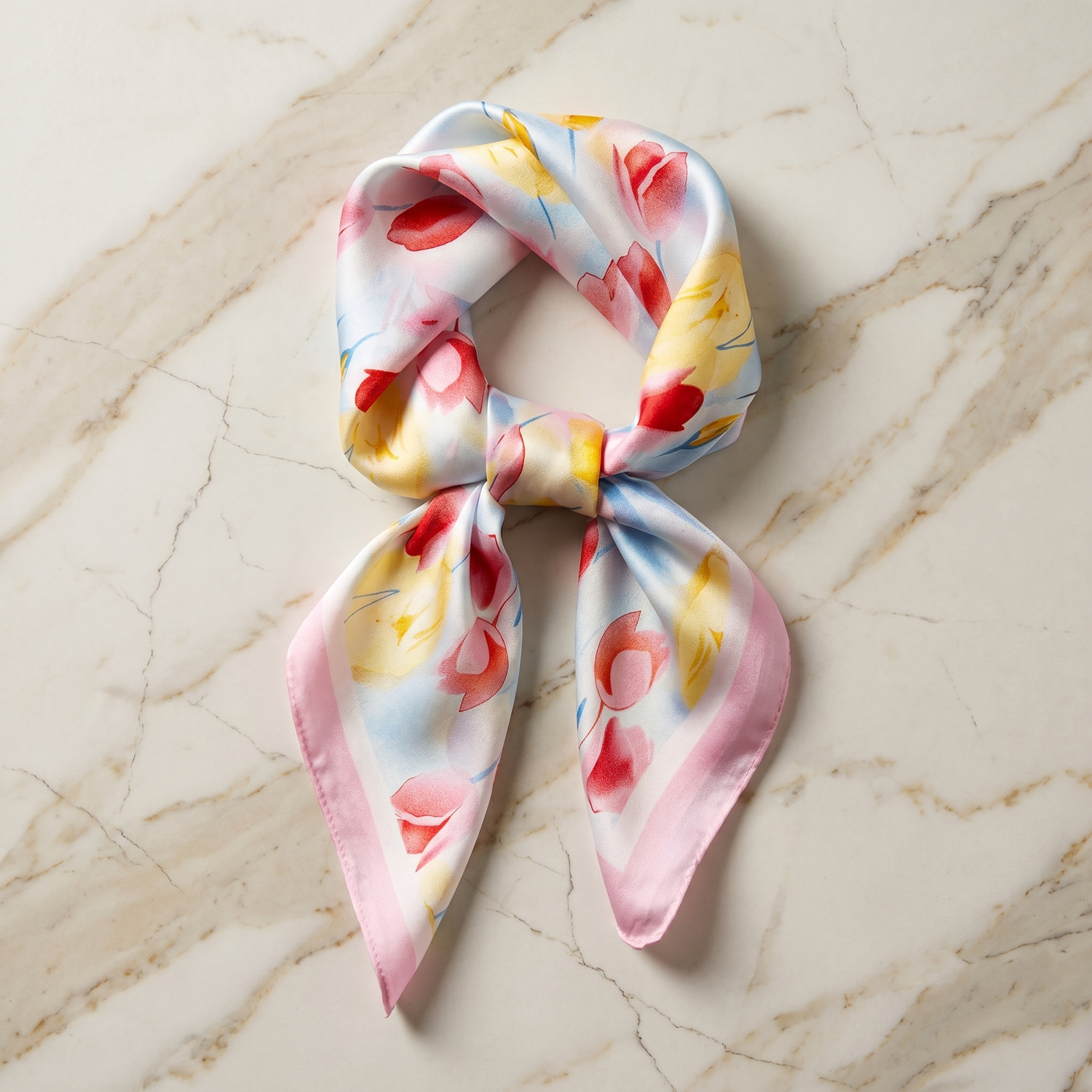 Roselys Paris foulard femme blanc rose fleuri carré satiné 70x70 cm