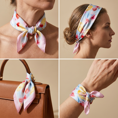 Roselys Paris foulard femme blanc rose fleuri carré satiné 70x70 cm, en bandeau dans les cheveux