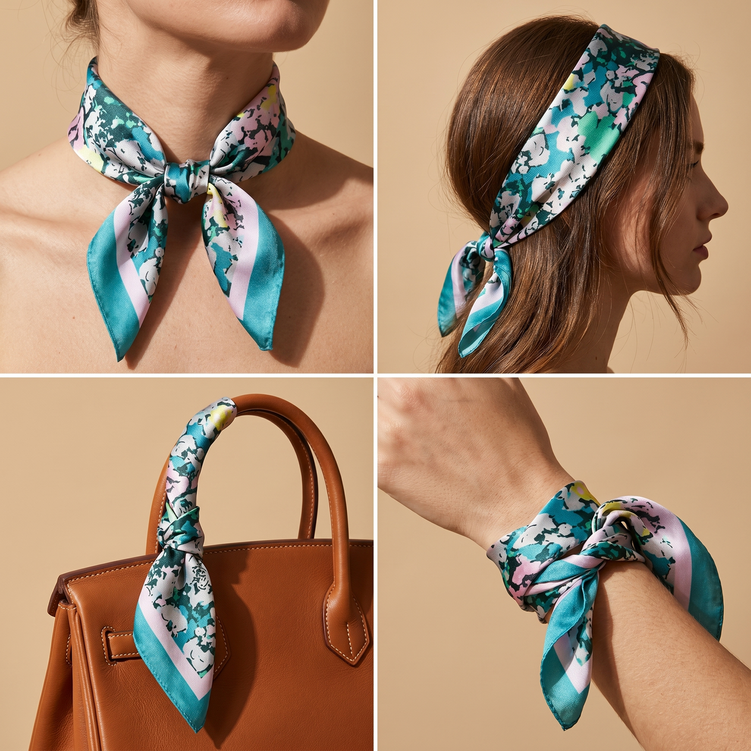 Roselys Paris foulard femme vert turquoise fleuri carré satiné 70x70 cm, en bandeau dans les cheveux