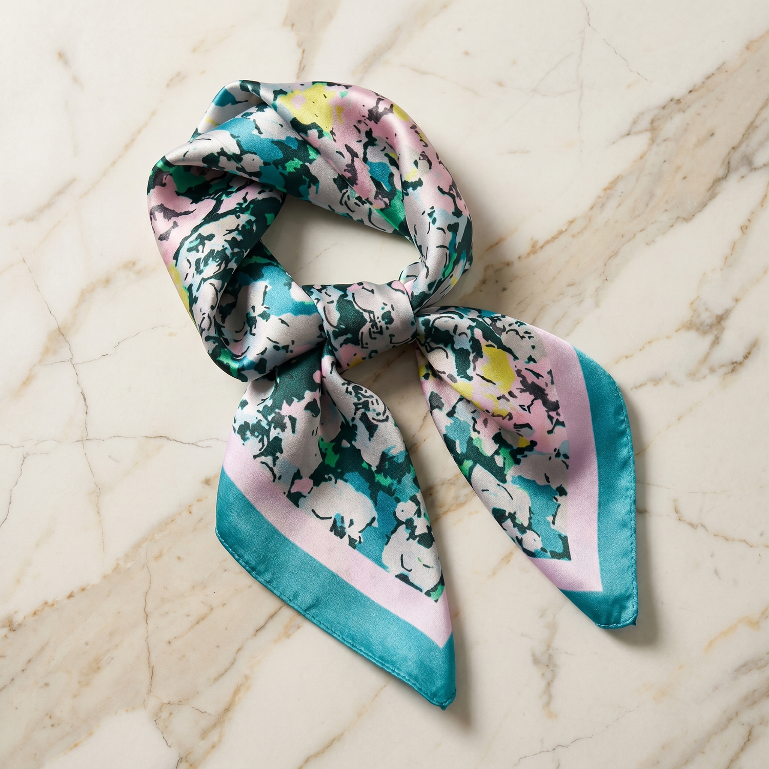 Roselys Paris foulard femme vert turquoise fleuri carré satiné 70x70 cm