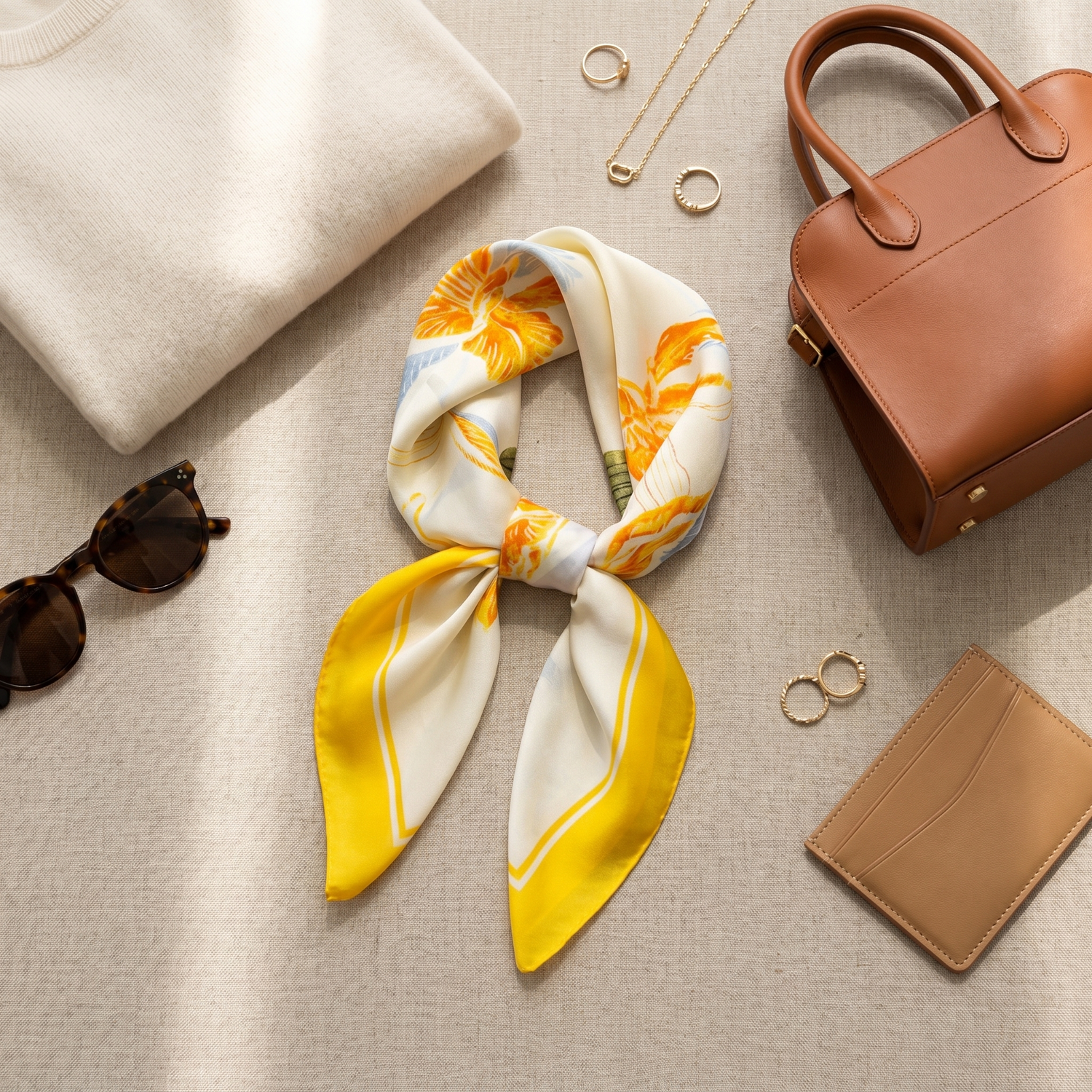 Roselys Paris foulard femme blanc jaune fleuri carré satiné 70x70 cm, porté au cou