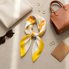 Roselys Paris foulard femme blanc jaune fleuri carré satiné 70x70 cm, porté au cou