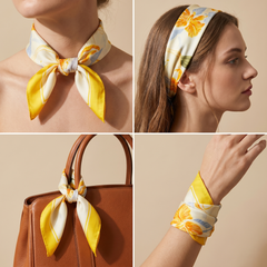 Roselys Paris foulard femme blanc jaune fleuri carré satiné 70x70 cm, en bandeau dans les cheveux