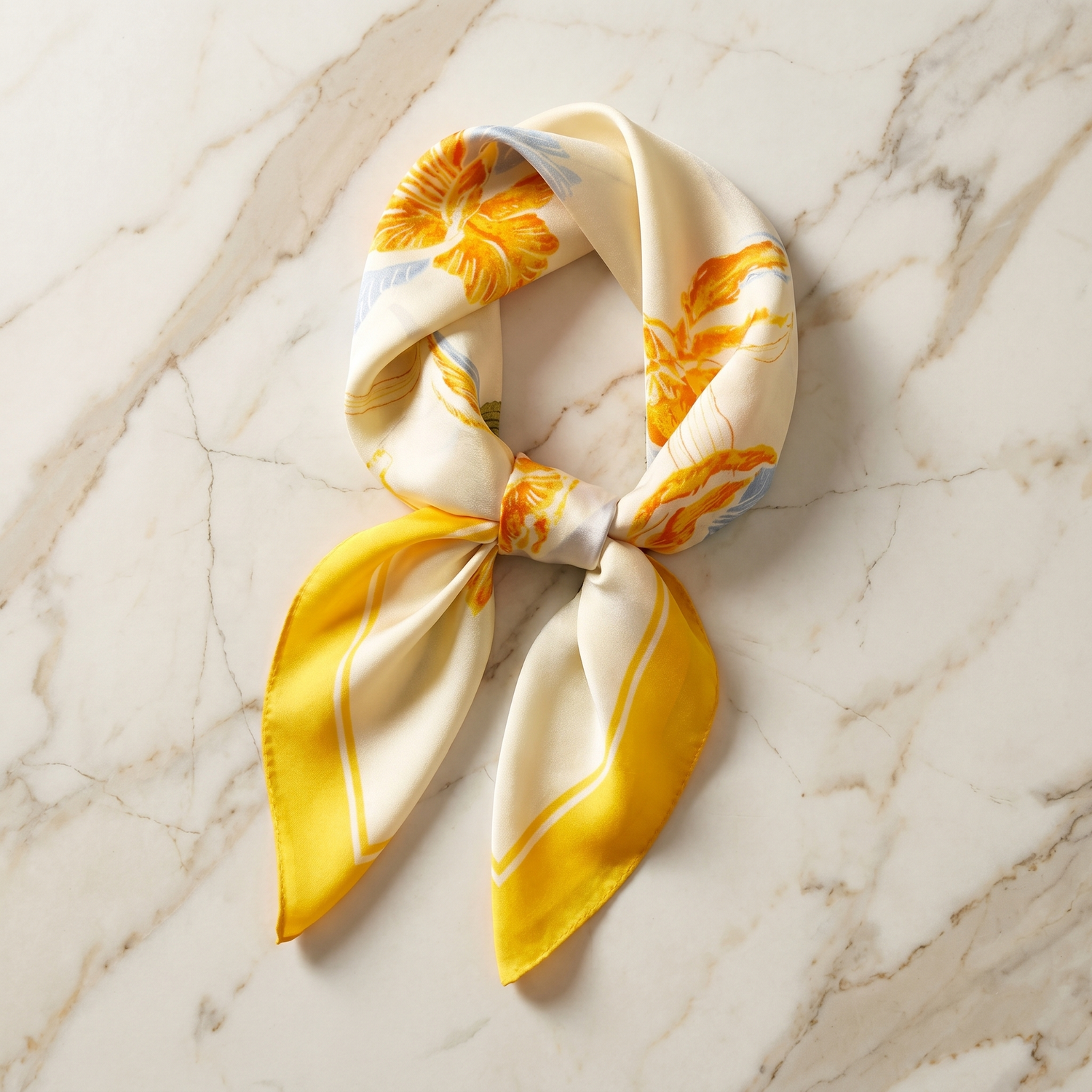 Roselys Paris foulard femme blanc jaune fleuri carré satiné 70x70 cm