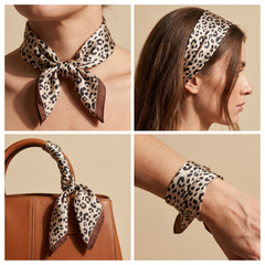 Roselys Paris foulard femme beige marron animalier carré satiné 70x70 cm, en bandeau dans les cheveux