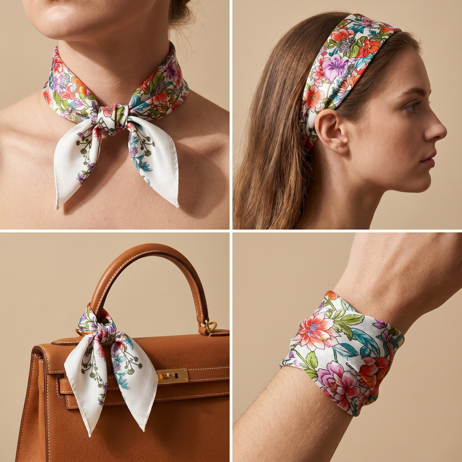 Roselys Paris foulard femme blanc rose fleuri carré satiné 70x70 cm, en bandeau dans les cheveux