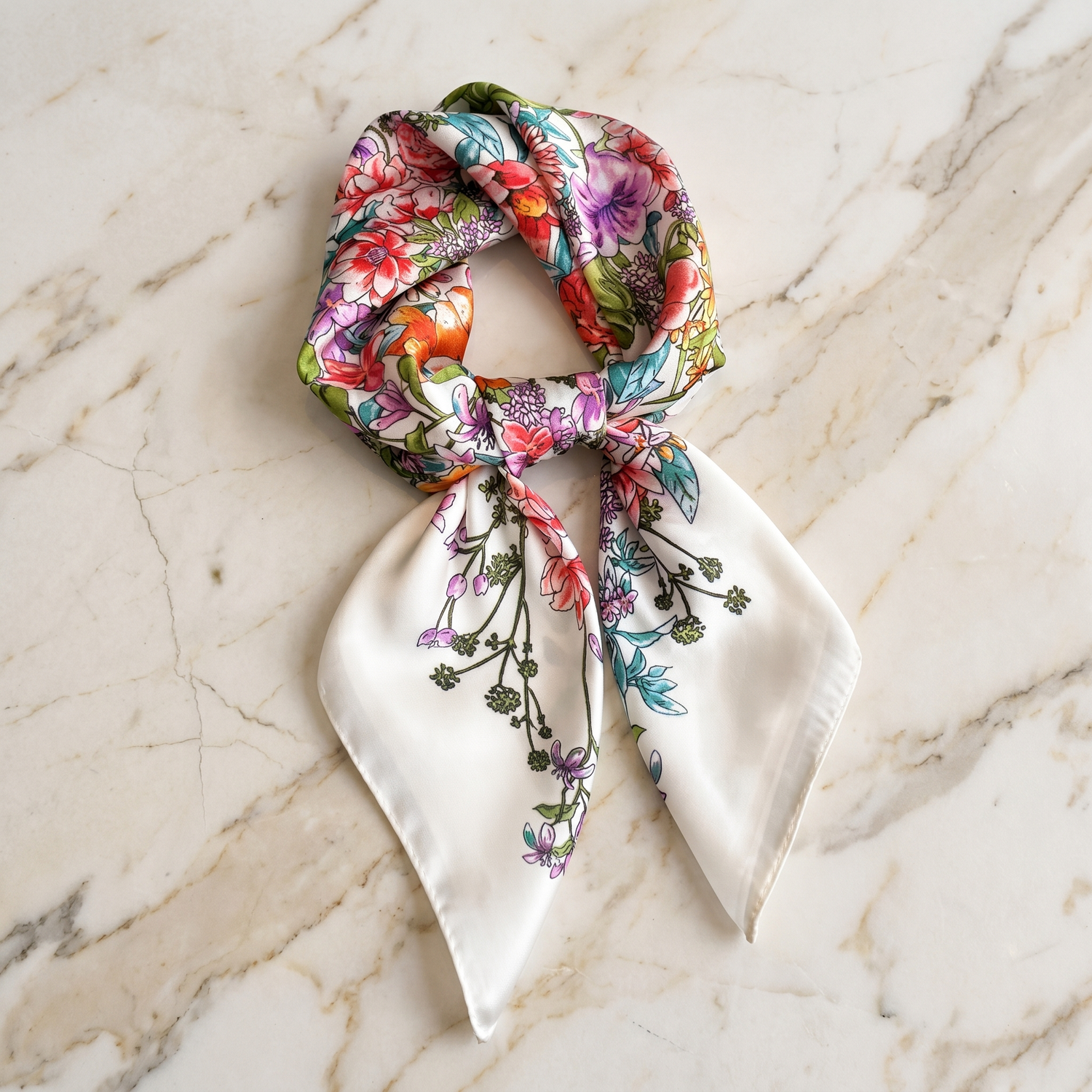 Roselys Paris foulard femme blanc rose fleuri carré satiné 70x70 cm