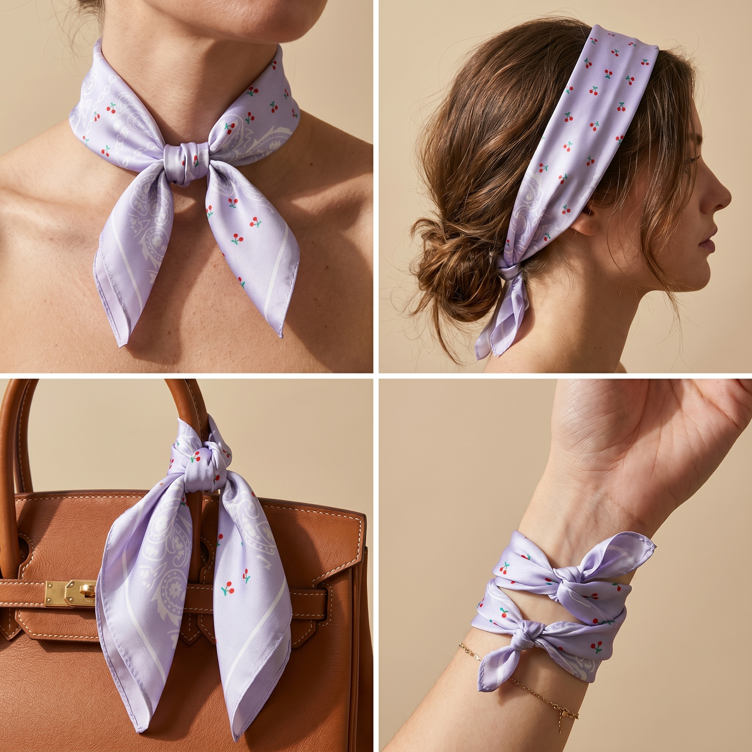 Roselys Paris foulard femme violet blanc fleuri carré satiné 70x70 cm, en bandeau dans les cheveux