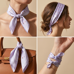 Roselys Paris foulard femme violet blanc fleuri carré satiné 70x70 cm, en bandeau dans les cheveux