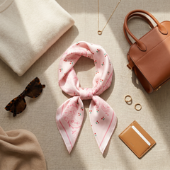 Roselys Paris foulard femme rose crème fleuri carré satiné 70x70 cm, porté au cou