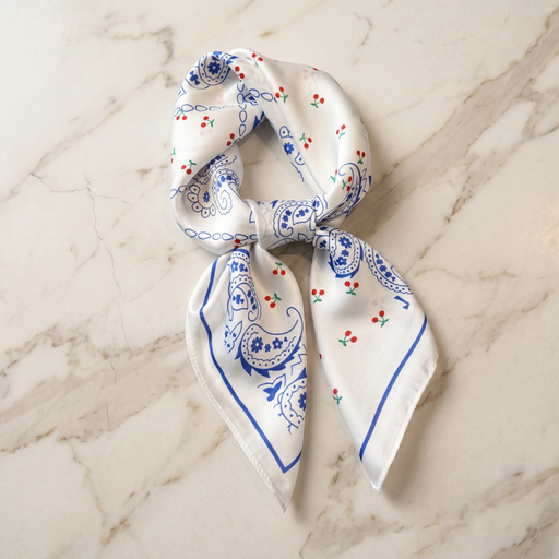 Roselys Paris foulard femme blanc bleu fleuri carré satiné 70x70 cm