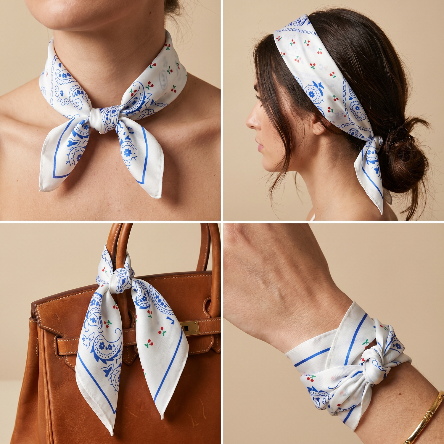 Roselys Paris foulard femme blanc bleu fleuri carré satiné 70x70 cm, en bandeau dans les cheveux