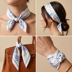 Roselys Paris foulard femme blanc bleu fleuri carré satiné 70x70 cm, en bandeau dans les cheveux