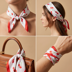 Roselys Paris foulard femme blanc rouge fleuri carré satiné 70x70 cm, en bandeau dans les cheveux