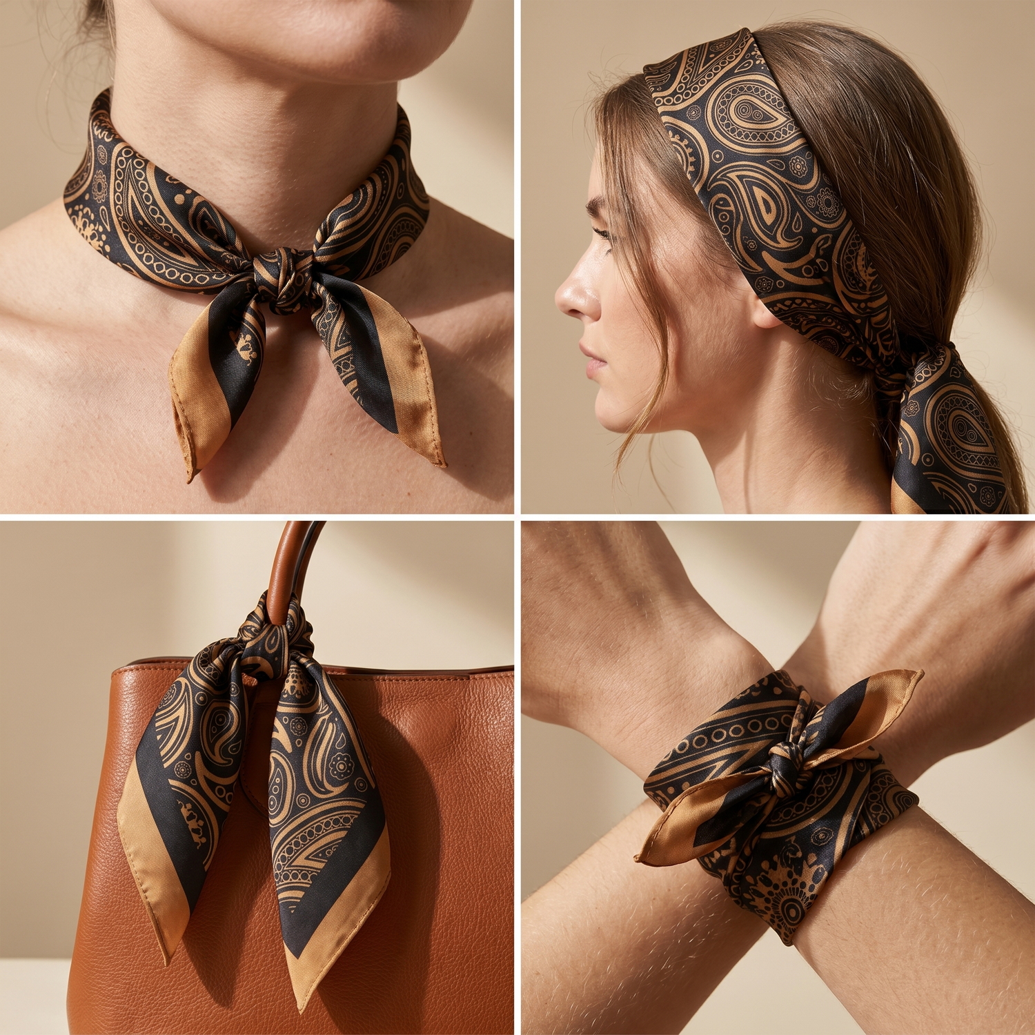 Roselys Paris foulard femme marron orange paisley carré satiné 70x70 cm, en bandeau dans les cheveux