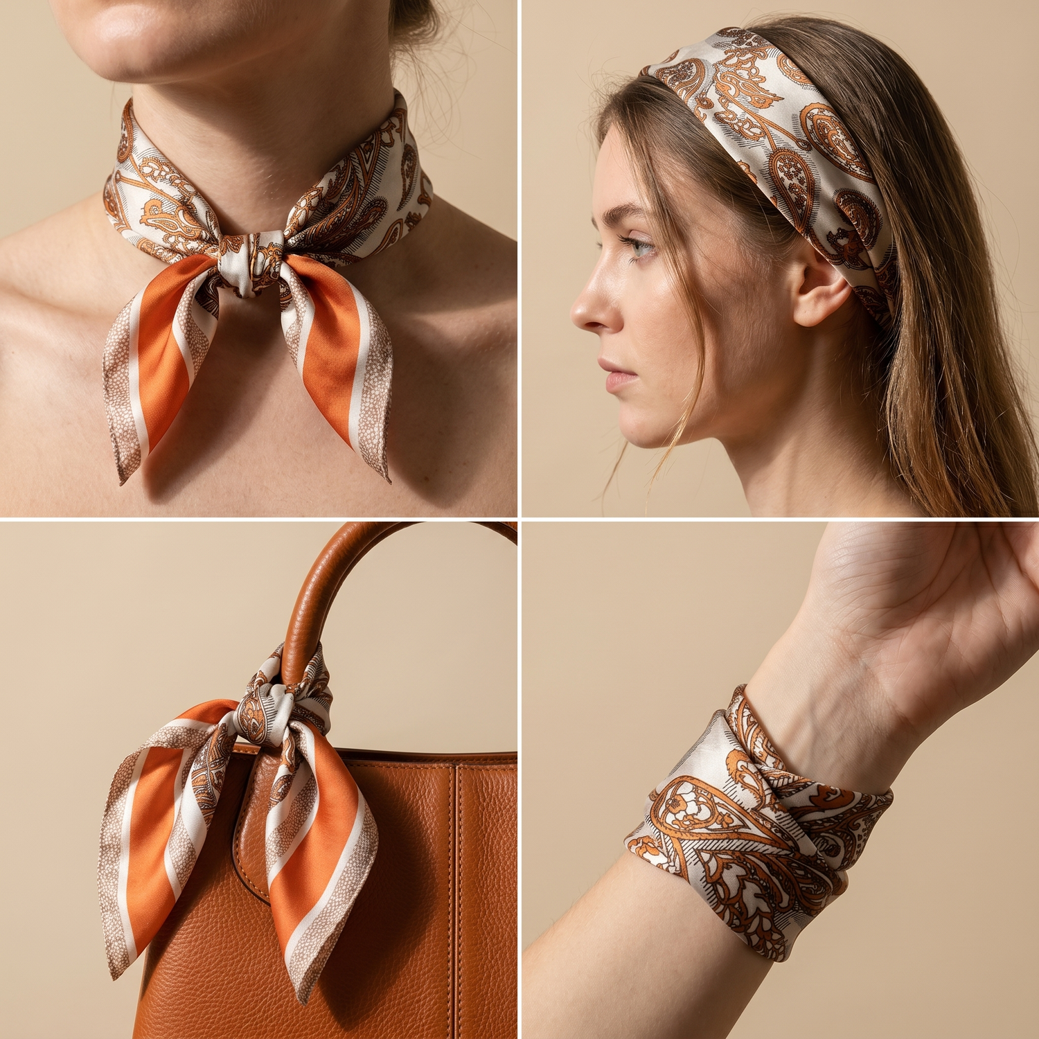 Roselys Paris foulard femme crème orange paisley carré satiné 70x70 cm, en bandeau dans les cheveux