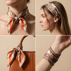 Roselys Paris foulard femme crème orange paisley carré satiné 70x70 cm, en bandeau dans les cheveux