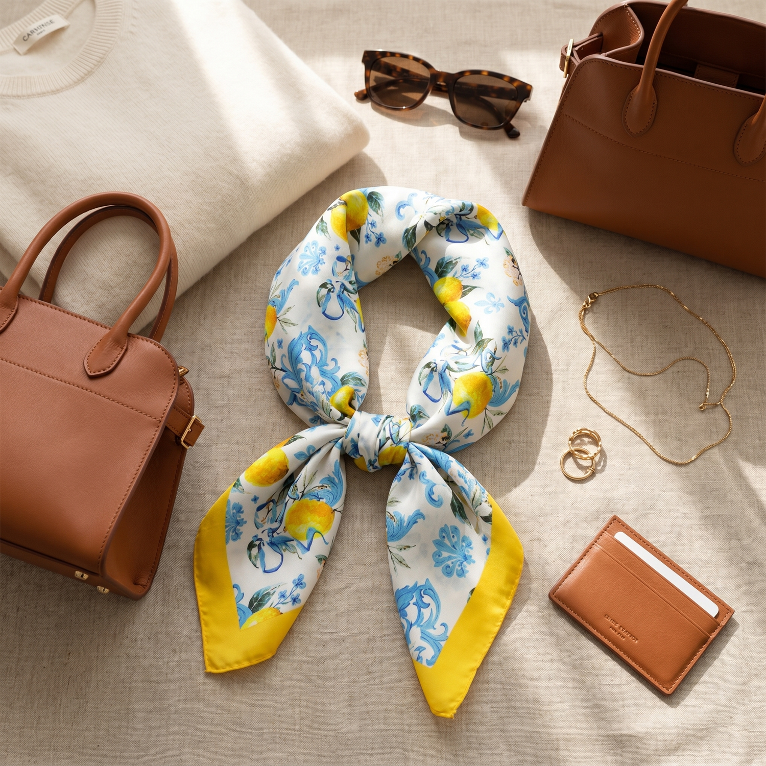 Roselys Paris foulard femme jaune bleu fleuri carré satiné 70x70 cm, porté au cou