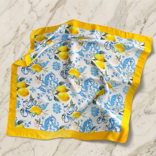 Roselys Paris foulard femme jaune bleu fleuri carré satiné 70x70 cm