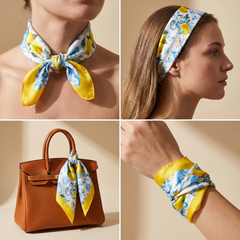 Roselys Paris foulard femme jaune bleu fleuri carré satiné 70x70 cm, en bandeau dans les cheveux