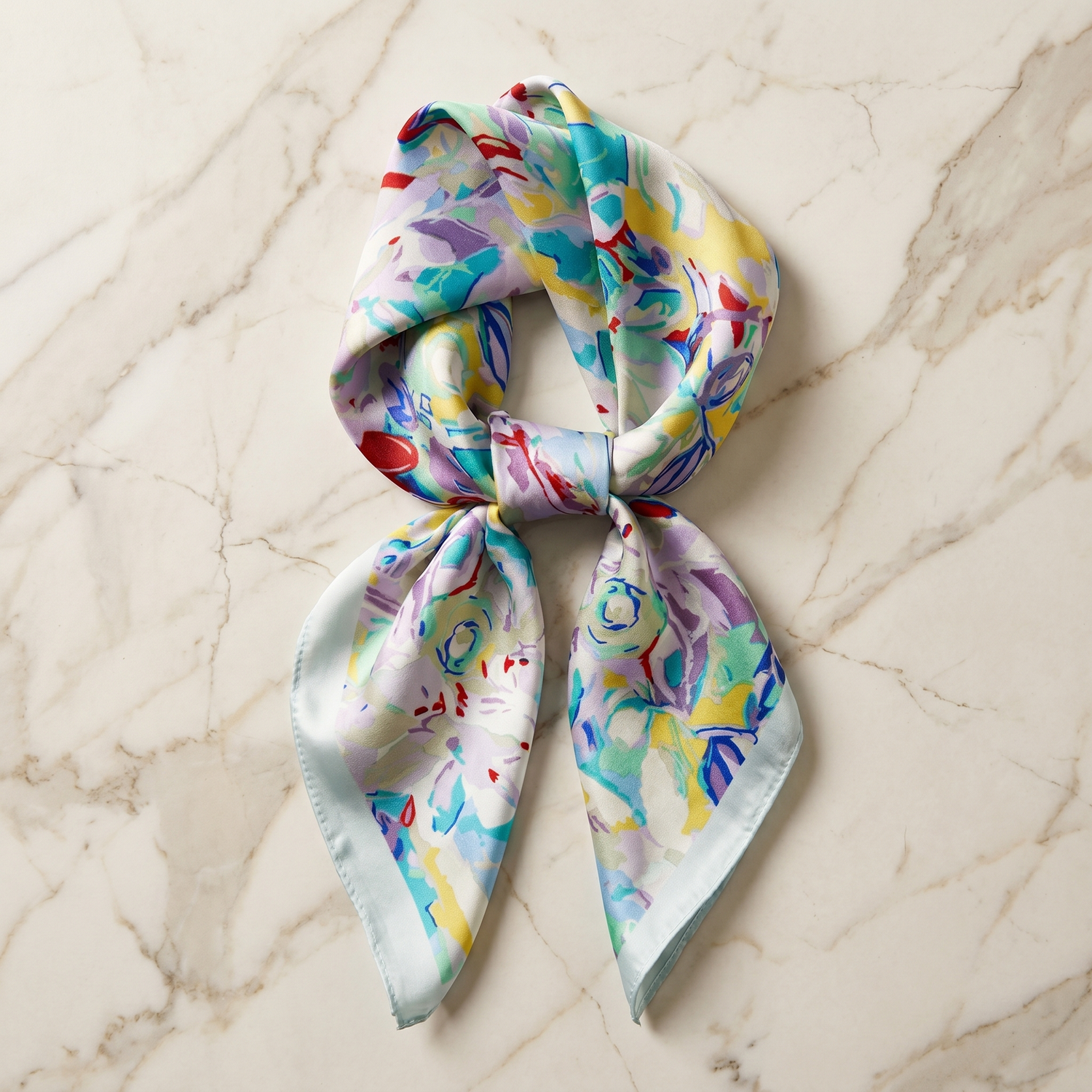 Roselys Paris foulard femme blanc turquoise fleuri carré satiné 70x70 cm