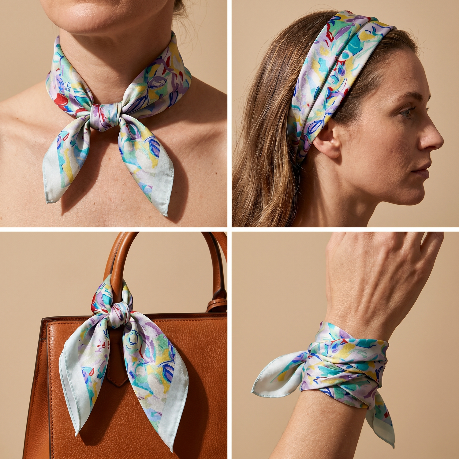 Roselys Paris foulard femme blanc turquoise fleuri carré satiné 70x70 cm, en bandeau dans les cheveux