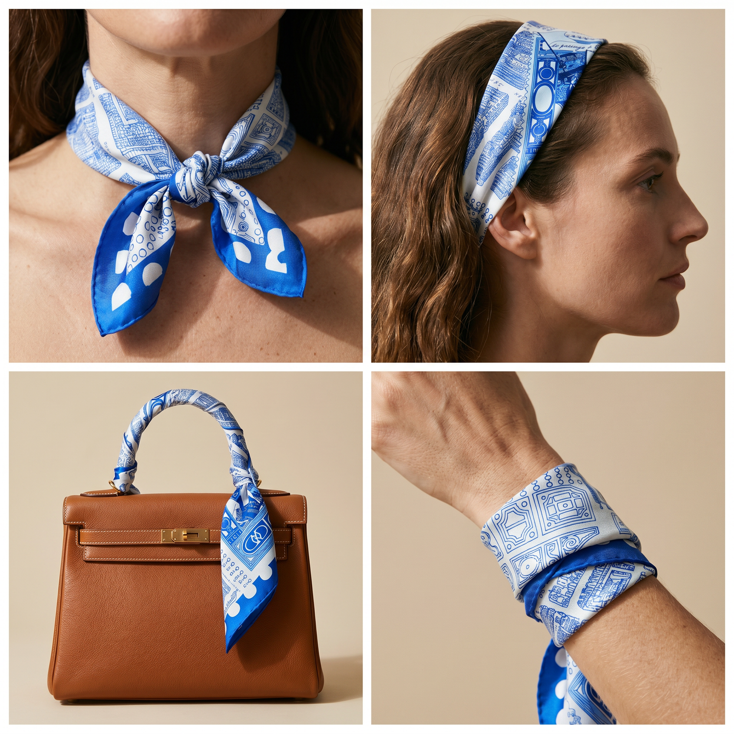 Roselys Paris foulard femme bleu blanc abstrait carré satiné 70x70 cm, en bandeau dans les cheveux