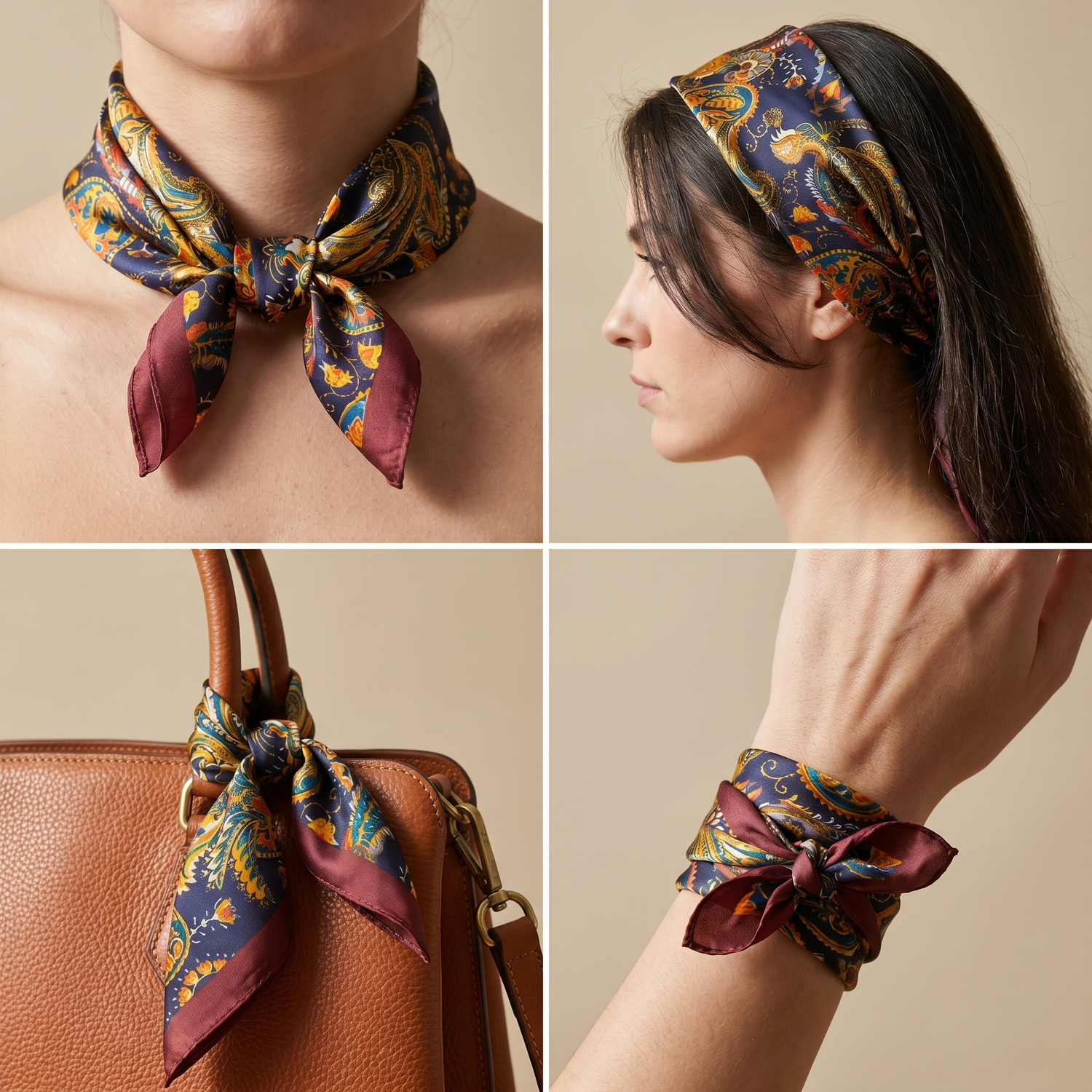 Roselys Paris foulard femme doré noir baroque carré satiné 70x70 cm, en bandeau dans les cheveux