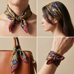 Roselys Paris foulard femme doré noir baroque carré satiné 70x70 cm, en bandeau dans les cheveux