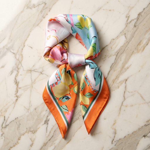 Roselys Paris foulard femme blanc orange fleuri carré satiné 70x70 cm