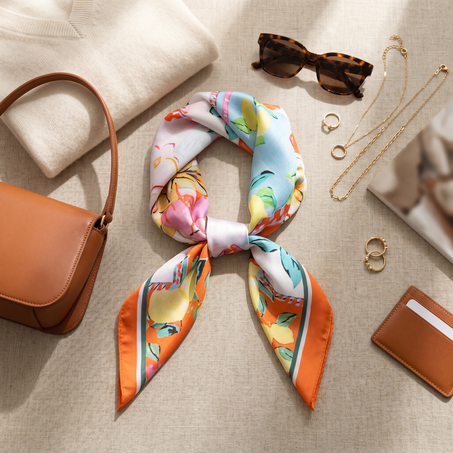 Roselys Paris foulard femme blanc orange fleuri carré satiné 70x70 cm, porté au cou