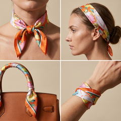 Roselys Paris foulard femme blanc orange fleuri carré satiné 70x70 cm, en bandeau dans les cheveux