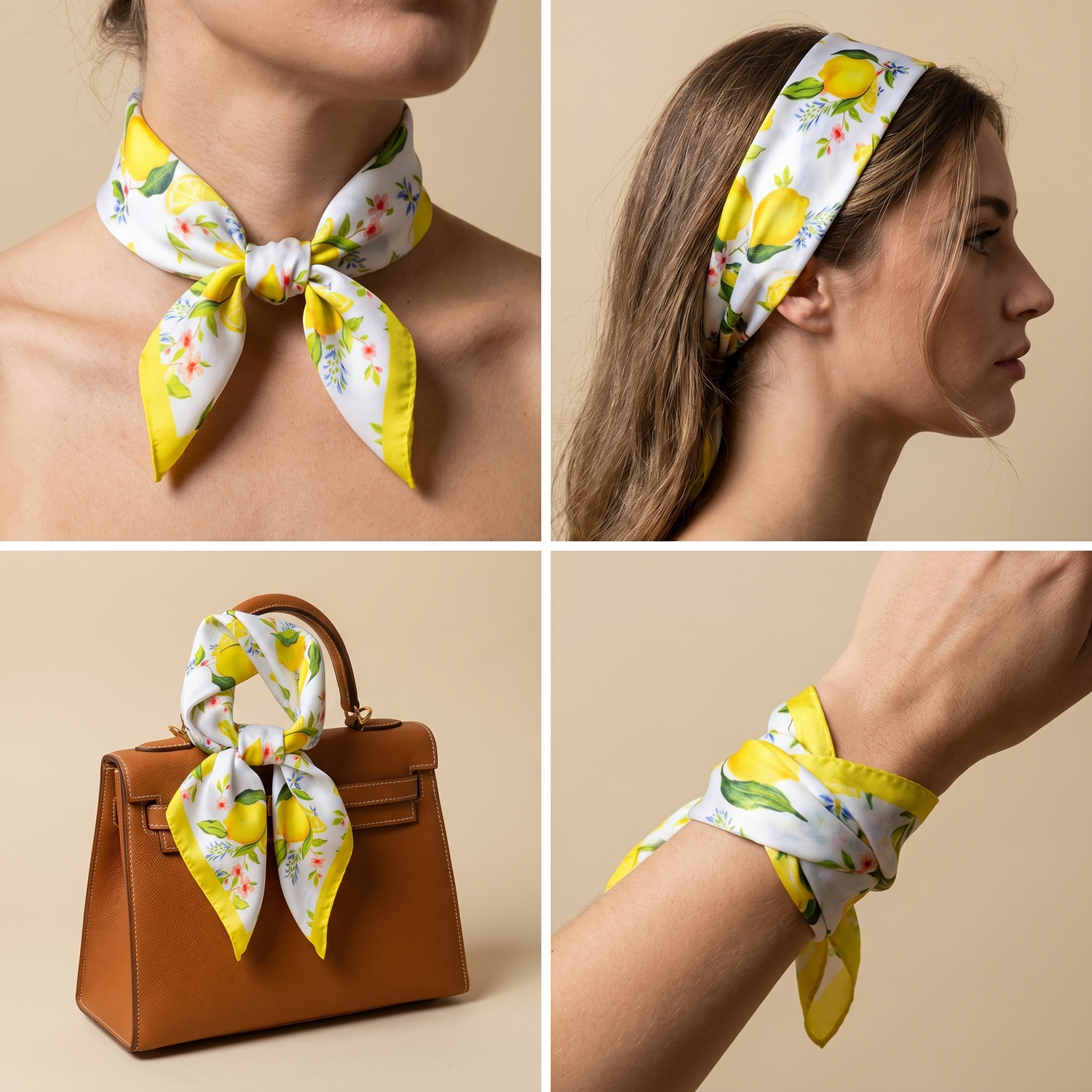 Roselys Paris foulard femme blanc jaune fleuri carré satiné 70x70 cm, en bandeau dans les cheveux