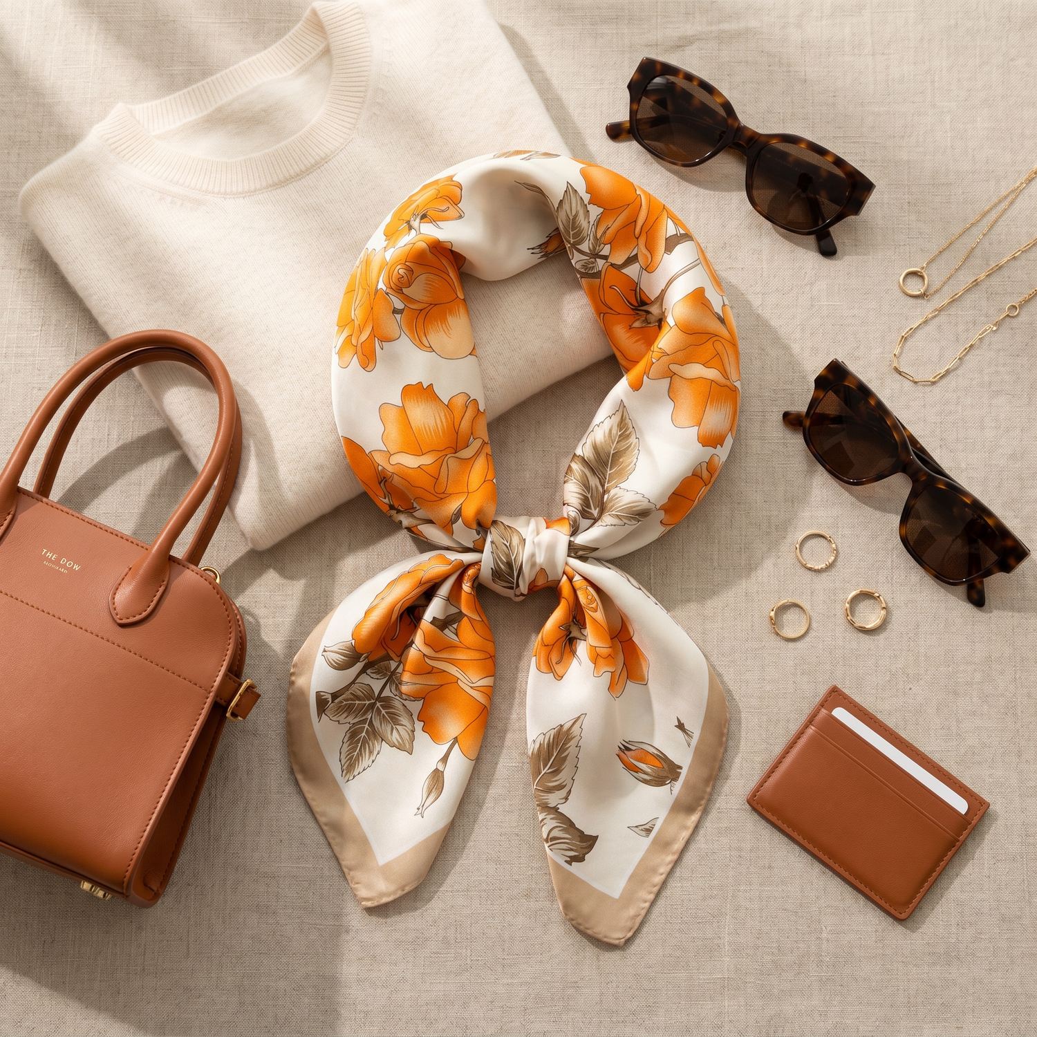 Roselys Paris foulard femme crème orange fleuri carré satiné 70x70 cm, porté au cou