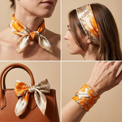 Roselys Paris foulard femme crème orange fleuri carré satiné 70x70 cm, en bandeau dans les cheveux
